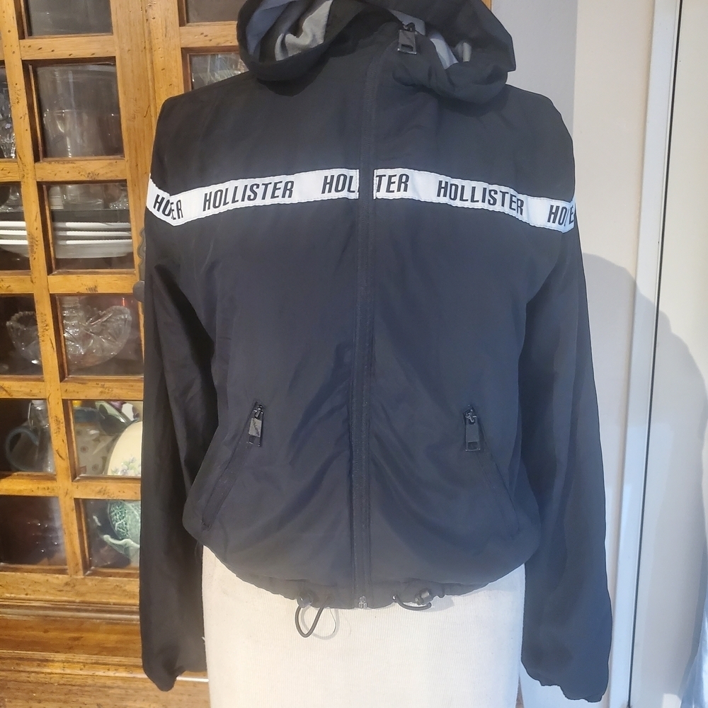 Hollister Black Hooded Jacket with White Accents